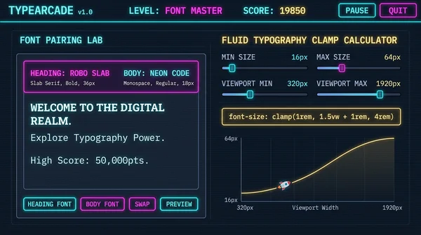 타이포그래피 글꼴 페어링 & 반응형 폰트 크기 clamp() 계산기 - ARCADE TYPE LAB 썸네일